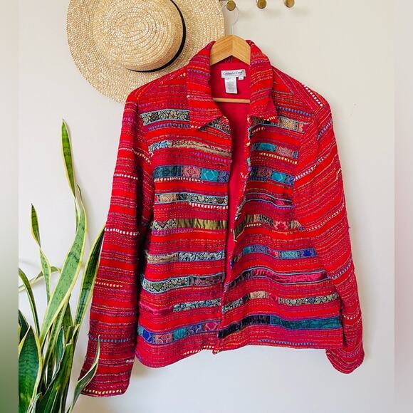 Vintage 00s Y2K Coldwater Creek Red Tweed Striped Shirt Jacket Shaket - Picture 2 of 5
